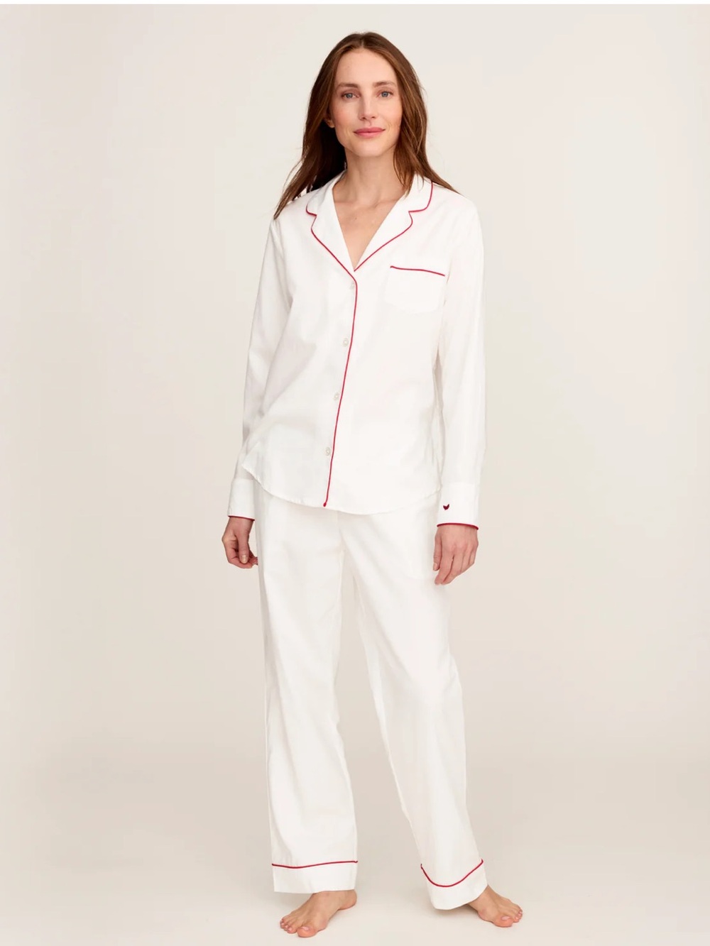 Petite Plume women’s twill pajama set in white with red piping